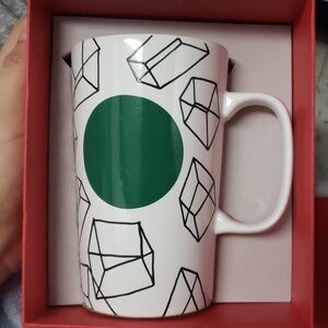 Starbucks coffee 2014 16 oz green dot 3d cubes shapes white black mug ceramic